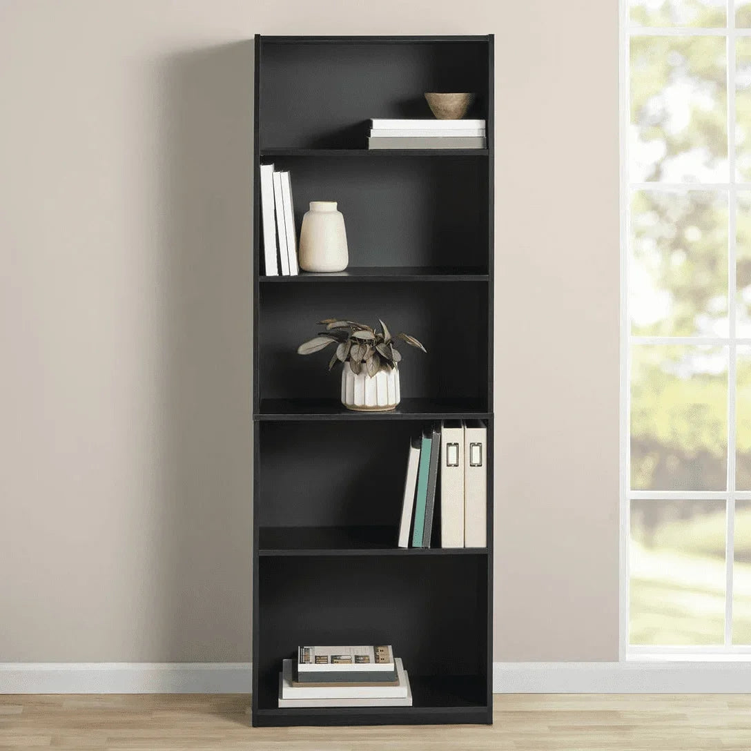 5-Shelf Adjustable Bookcase – True Black Oak Storage Shelf Unit