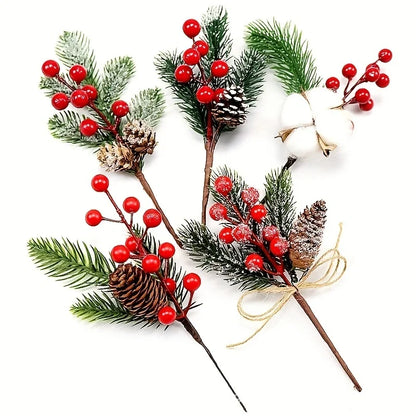 Set of 5 Realistic Artificial Winter Berries & Pine Branches – Christmas Home Decor