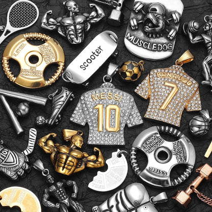 Messi, Ronaldo, Mbappé Football Jersey Necklace – Stainless Steel Dumbbell Pendant Chain for Men, Punk Gym Style