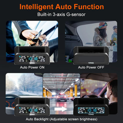 Solar Car TPMS Tire Pressure Monitoring System – External Sensors for 4 Wheels Tyre Pressure Detection