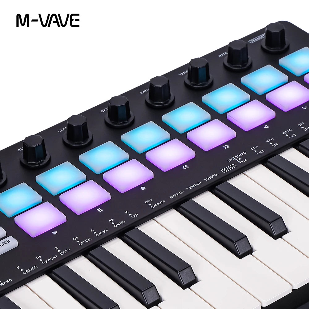 M-VAVE SMK-Ⅱ 25-Key MIDI Keyboard Controller – Bluetooth, 16 RGB Drum Pads, Semi-Weighted Dynamic Keybed