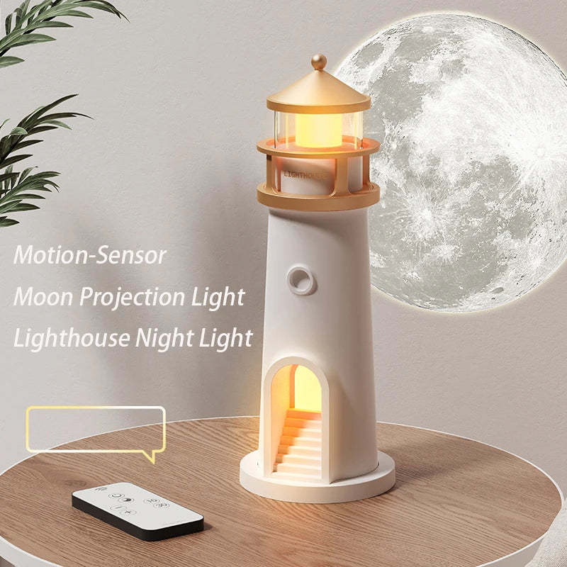 Moon Lamp Projection Night Light – Lighthouse Design with Bluetooth Music, Remote Control & Motion Sensor, Ambient Light for Xmas & Birthday Gift