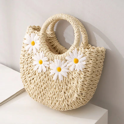 Hand-Woven Straw Beach Bag – Women’s Handmade Moon Basket Crossbody Bohemian Summer Tote