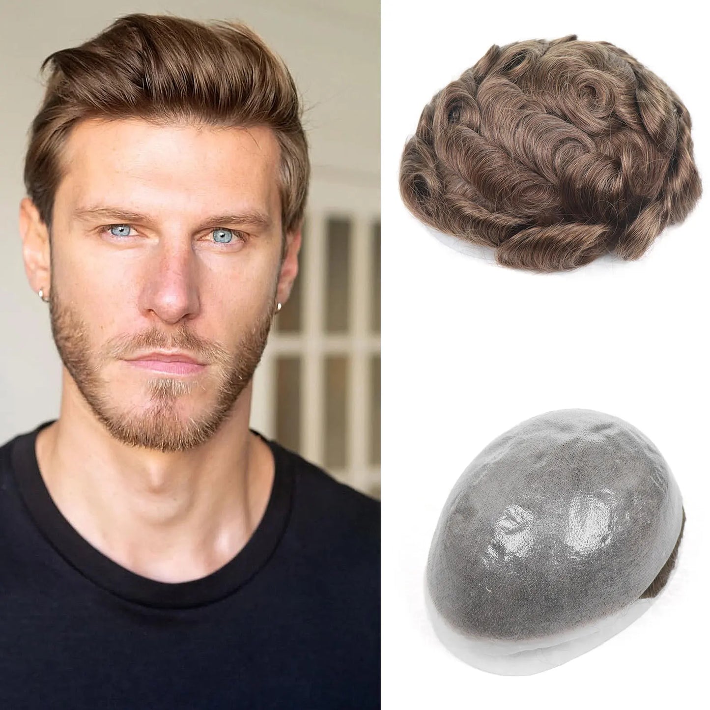 0.08mm Full Skin PU Toupee for Men – V Loop Human Hair Wig in Brown (#22) & Black (#1B) – Hair Replacement Unit