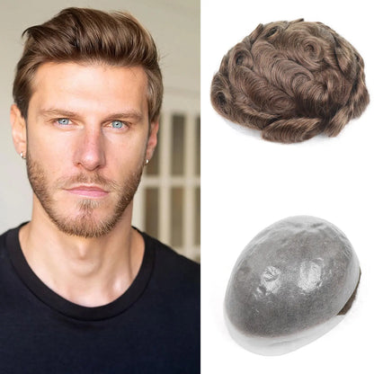 0.08mm Full Skin PU Toupee for Men – V Loop Human Hair Wig in Brown (#22) & Black (#1B) – Hair Replacement Unit