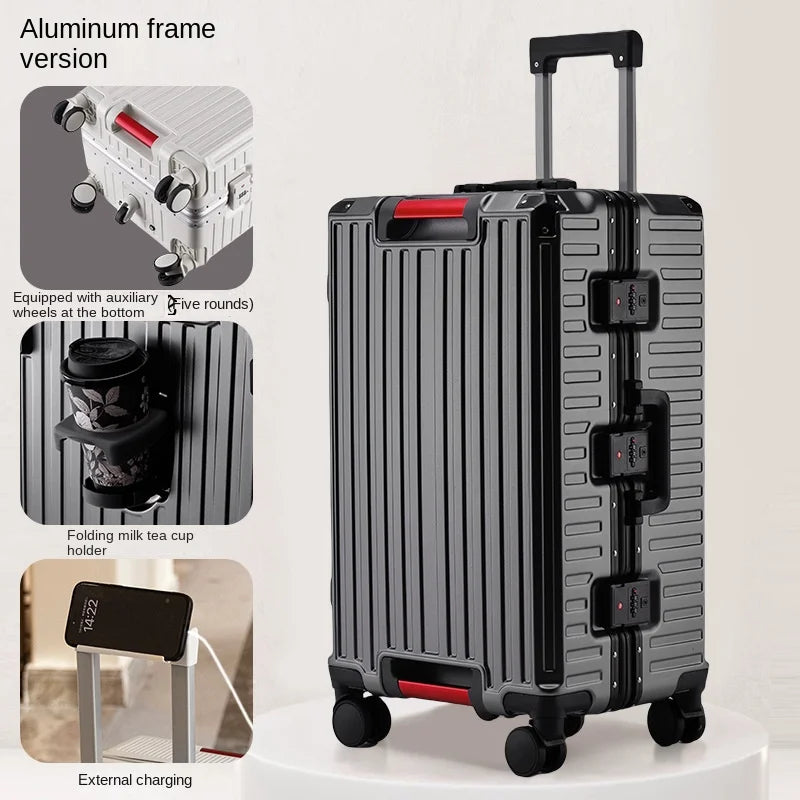 30-Inch Five-Wheel Aluminum Frame Suitcase — Multifunctional Cabin Luggage with Password Lock, USB Port & Cup Holder