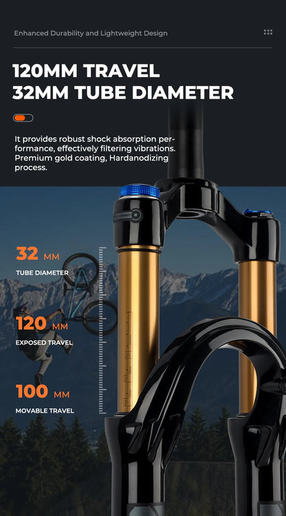 BOLANY Bike Air Fork – 27.5/29inch, 120mm Travel, Lightweight Magnesium Alloy Oil Air Suspension with Quick Release