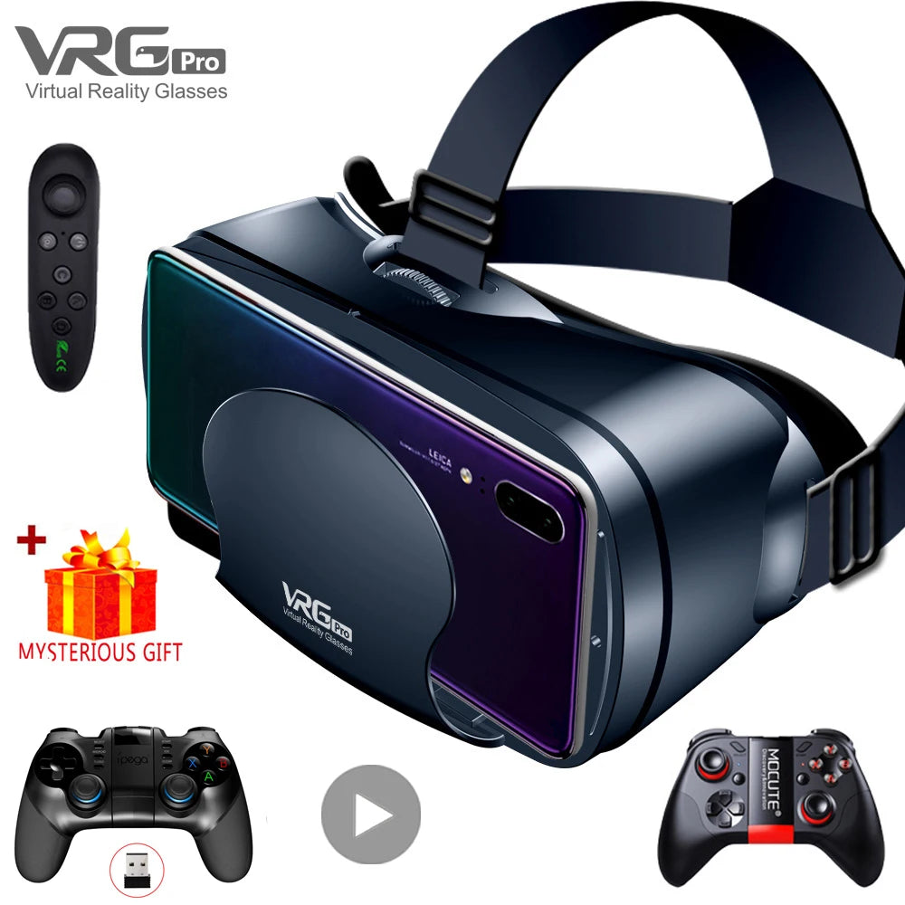 3D VR Headset – Virtual Reality Smart Glasses Helmet for Smartphones with Controllers and 7-Inch Lenses