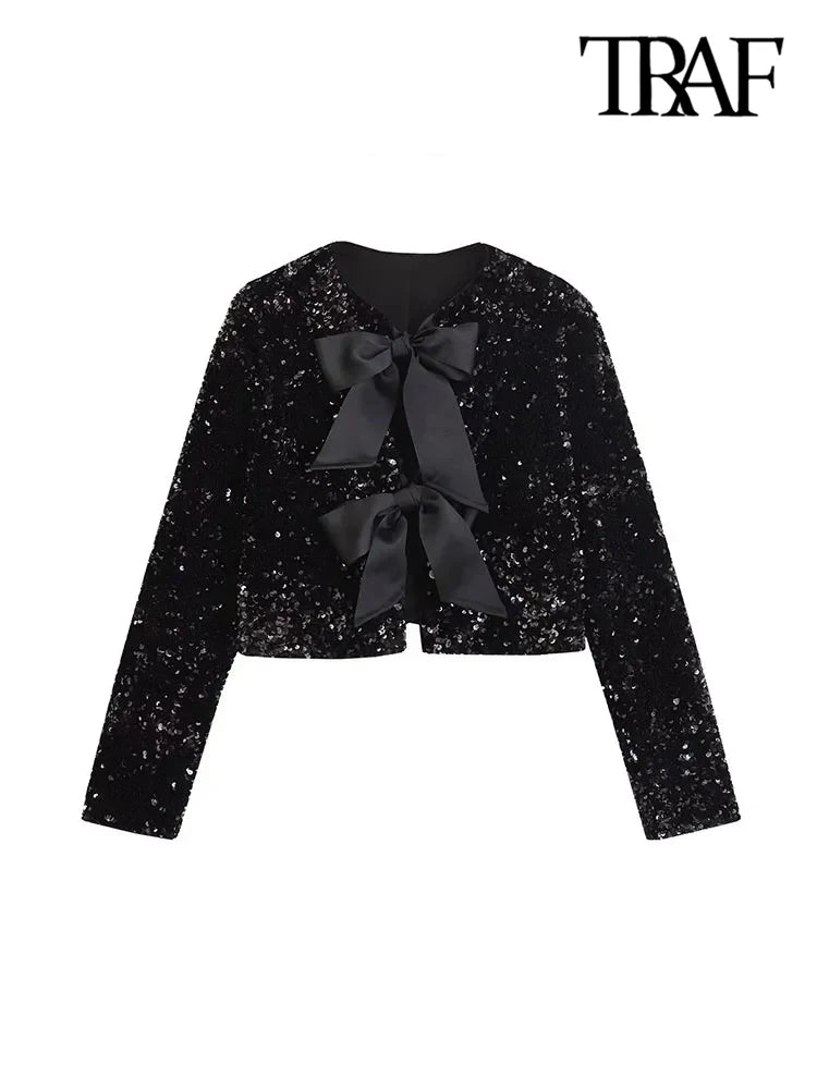 TRAF Women's Sequin Cropped Jacket – Long Sleeve O-Neck Coat with Bow Tie, Chic Outerwear Top