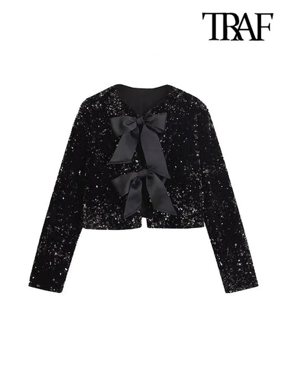 TRAF Women's Sequin Cropped Jacket – Long Sleeve O-Neck Coat with Bow Tie, Chic Outerwear Top