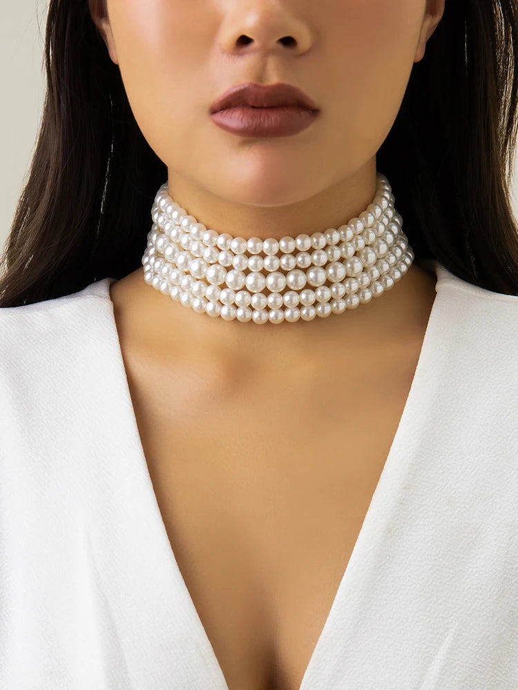 Vintage Imitation Pearl Multi-Layer Necklace – Elegant Oval Beads Choker Collar for Women, Chain Jewelry Accessories, Party Gift