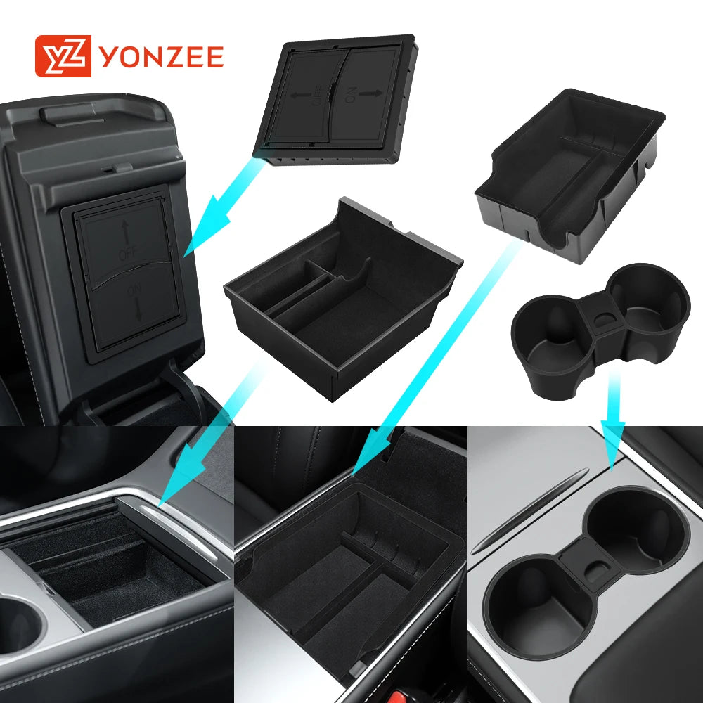 YZ Storage Box for Tesla Model 3 & Model Y – Center Armrest Hidden Box & Cup Holder Organizer, 2023-2022 Car Accessories