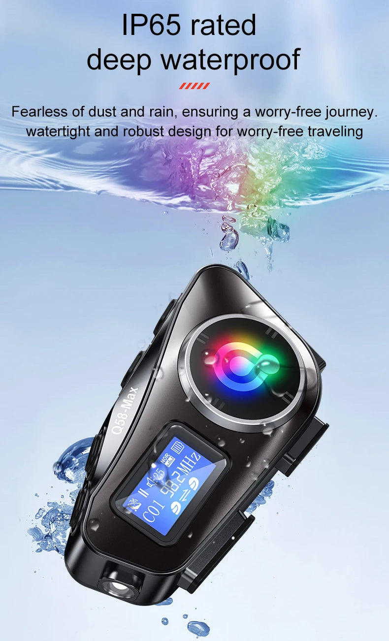 Q58 Max Motorcycle Helmet Bluetooth Intercom – IP65 Waterproof, 500M Range, Multi-Scene Music Sharing
