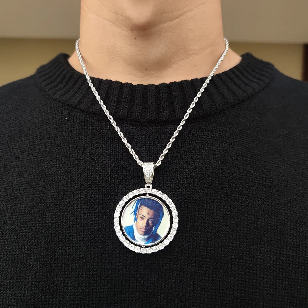 Customized Double-Side Photo Necklace – Personalized Picture Pendant with Cubic Zirconia, Hip Hop Jewelry Gift for Men & Women