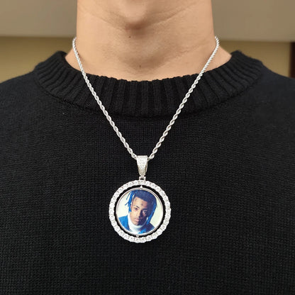 Customized Double-Side Photo Necklace – Personalized Picture Pendant with Cubic Zirconia, Hip Hop Jewelry Gift for Men & Women