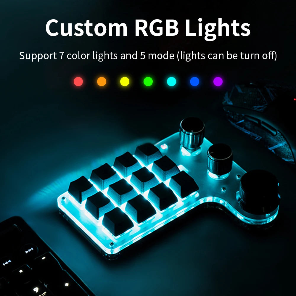 Bluetooth 12-Key RGB Macro Keyboard — 3 Knob Mechanical Hotswap Keypad for Photoshop & Gaming