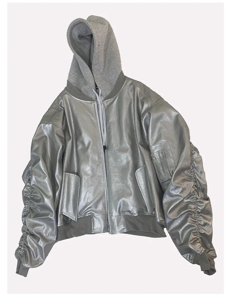 Mauroicardi Autumn Winter Oversized PU Leather Bomber Jacket for Men - Thickened Warm Hooded Luxury Designer Coat