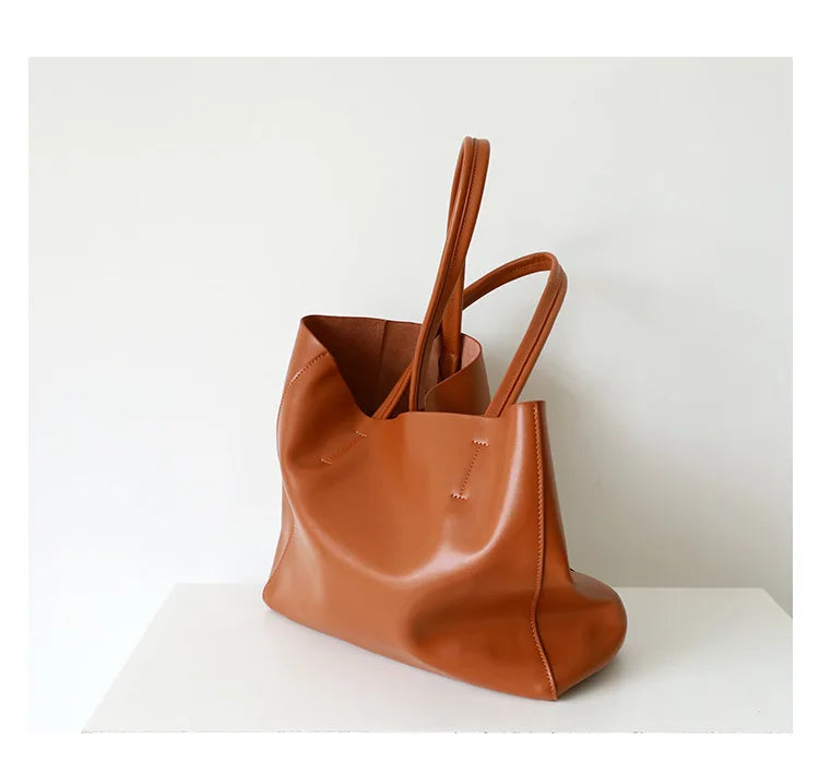 Customized Letter Genuine Leather Tote Bag – Large Capacity, Practical Commuter & Shopping Bag, Cowhide Large Bag