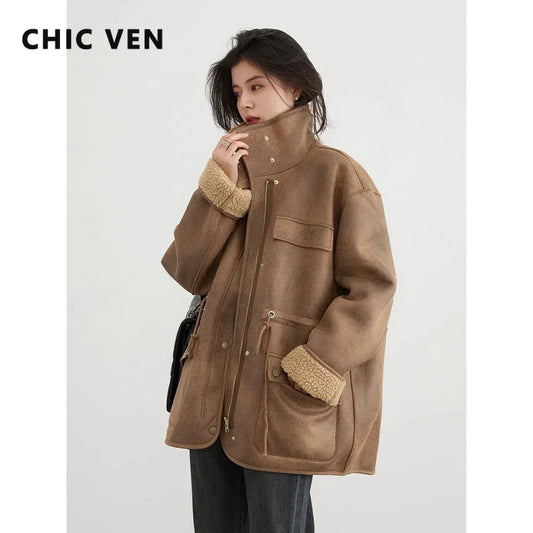 CHIC VEN Women's Reversible Jacket – Thick Suede, Motorcycle Style, Loose Fit Winter & Autumn Outerwear 2023
