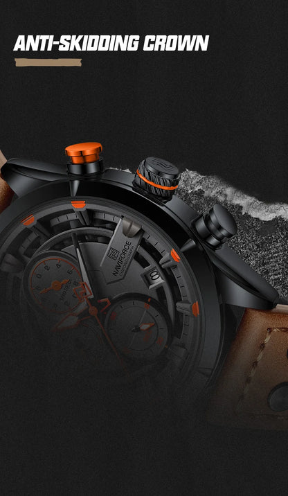 NAVIFORCE Men's Casual Watch – Luxury Waterproof Chronograph Quartz Wristwatch with Genuine Leather Strap