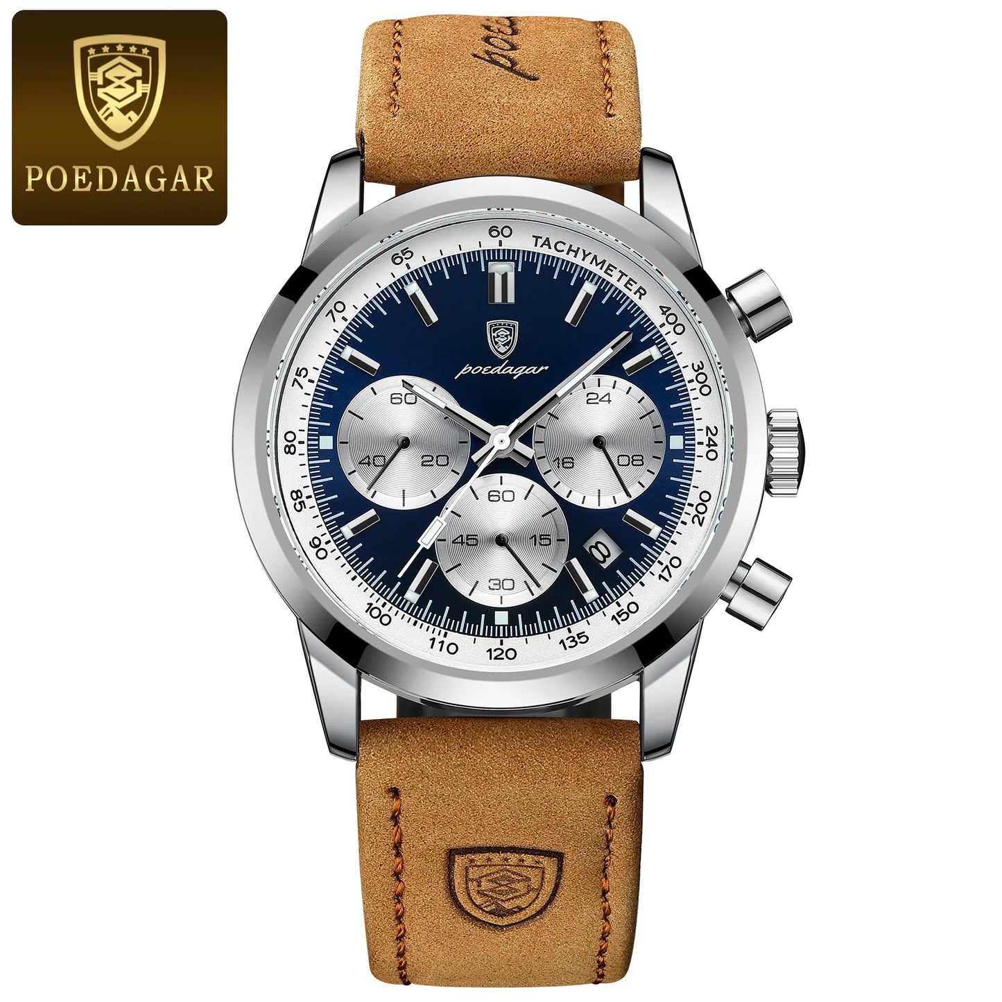 POEDAGAR Men's Luxury Sports Watch – Genuine Leather, Chronograph, Waterproof, Luminous Quartz Wristwatch