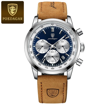 POEDAGAR Men's Luxury Sports Watch – Genuine Leather, Chronograph, Waterproof, Luminous Quartz Wristwatch