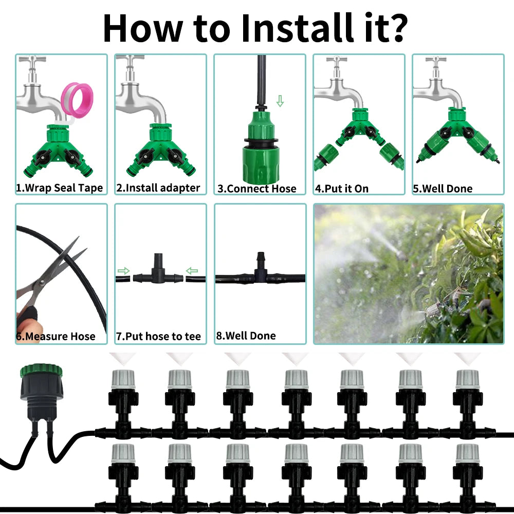10-20M Automatic Garden Irrigation System – Portable Misting Fog Nozzles with 4/7mm Tee Connector for Patio & Hose Spray