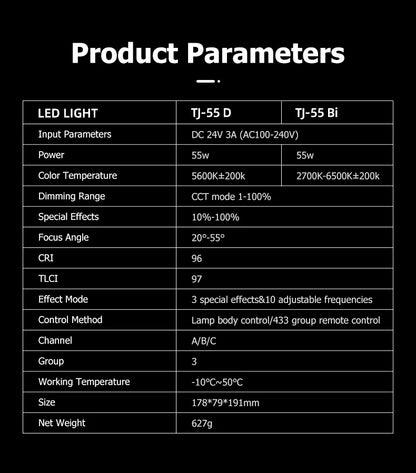 Sutefoto TJ55 Bi-Color LED Video Light - 55W COB Photographic Light, 3200K-5600K, Portable Fill Light for Video & Live Streaming