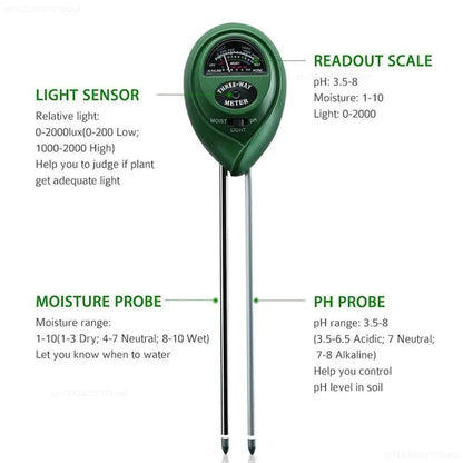 3 in 1 Soil pH Meter - Sunlight, Moisture & pH Tester for Garden Plants, Acidity & Humidity Monitor Detector