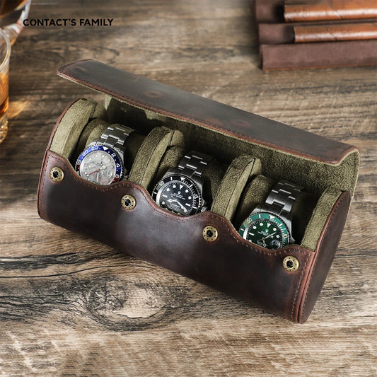 Vintage Genuine Leather Watch Roll – Portable Travel Case with 1/2/3/4/6/8 Slots, Storage Organizer & Display Box for Men