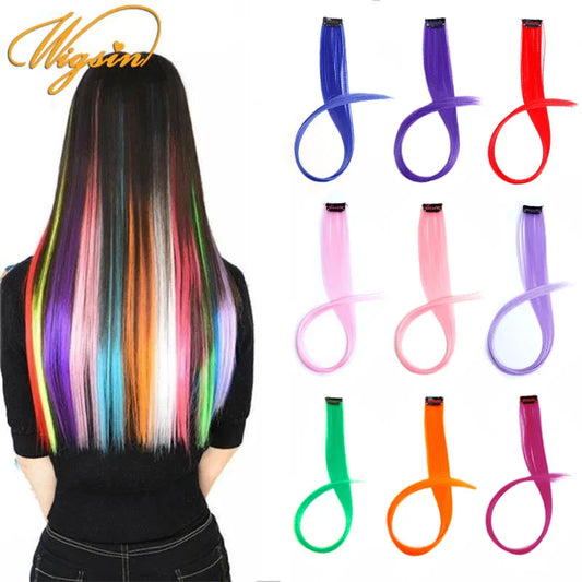WIGSIN Synthetic Long Straight Rainbow Hair Extension – Colorful Purple Red Blue Hairpiece for Women