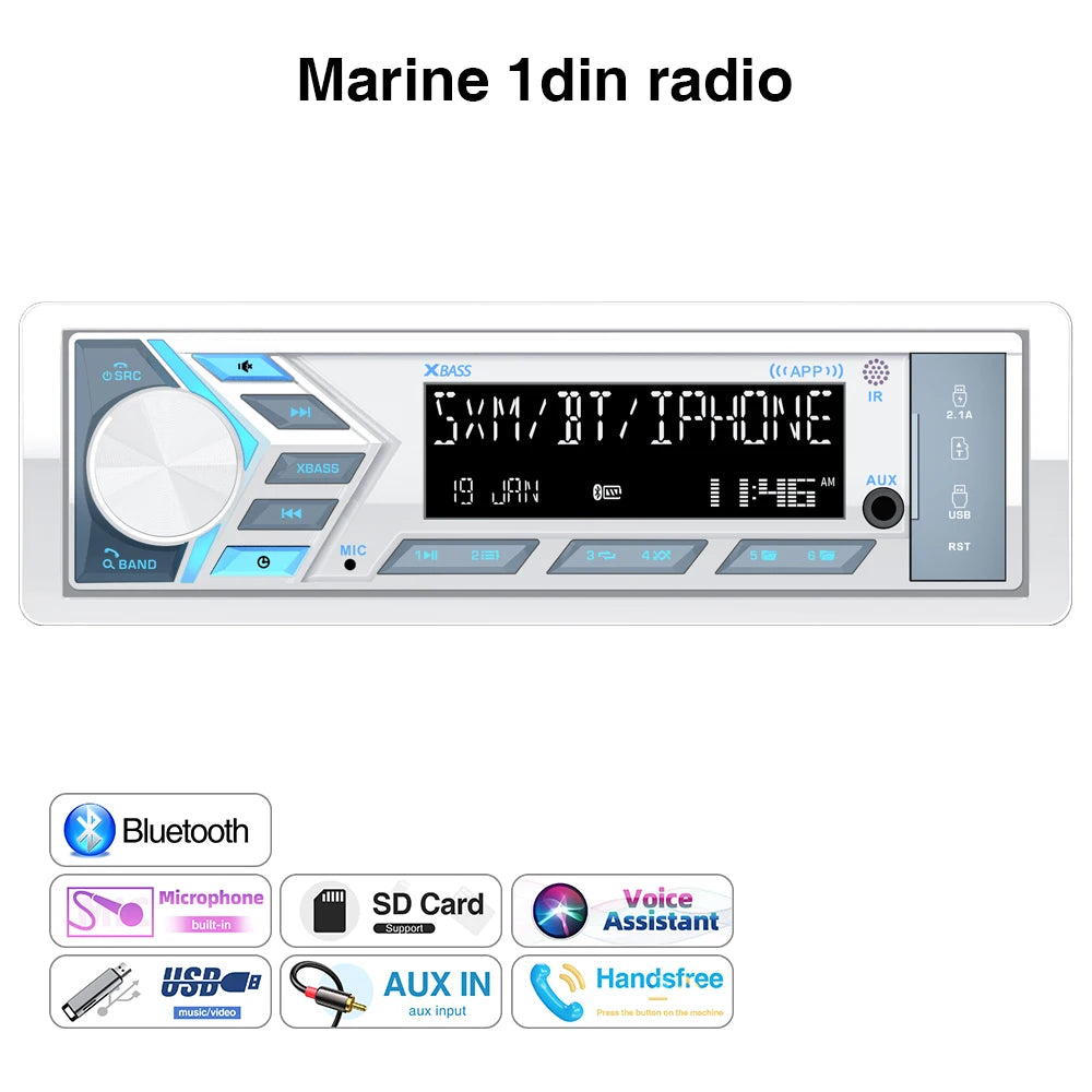 AKAMATE 1Din Boat Radio — Bluetooth Marine Media Stereo Player with AUX, USB, Remote Control, FM/AM for RV, ATV, UTV, SPA, RZR