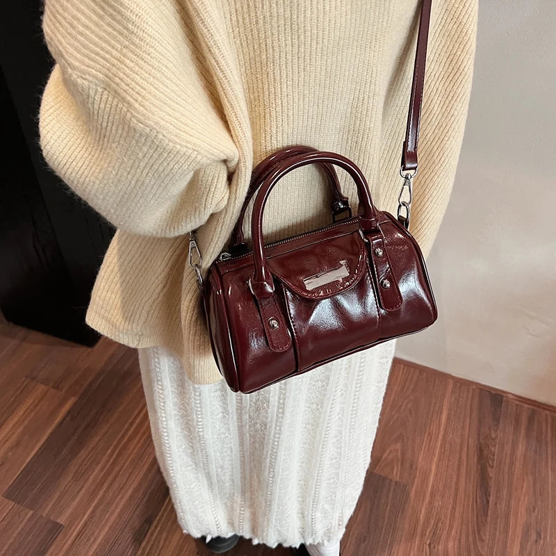 Burgundy Mini Top-Handle Bag for Women — PU Leather Shoulder & Crossbody Handbag 2024 Luxury Designer