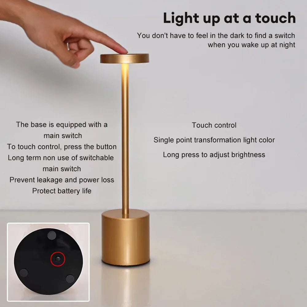 Classic USB Rechargeable Table Lamp – Stepless Dimming Touch Desk Lamp with 3 Colors for Bedside, Hotel & Bar Decoration