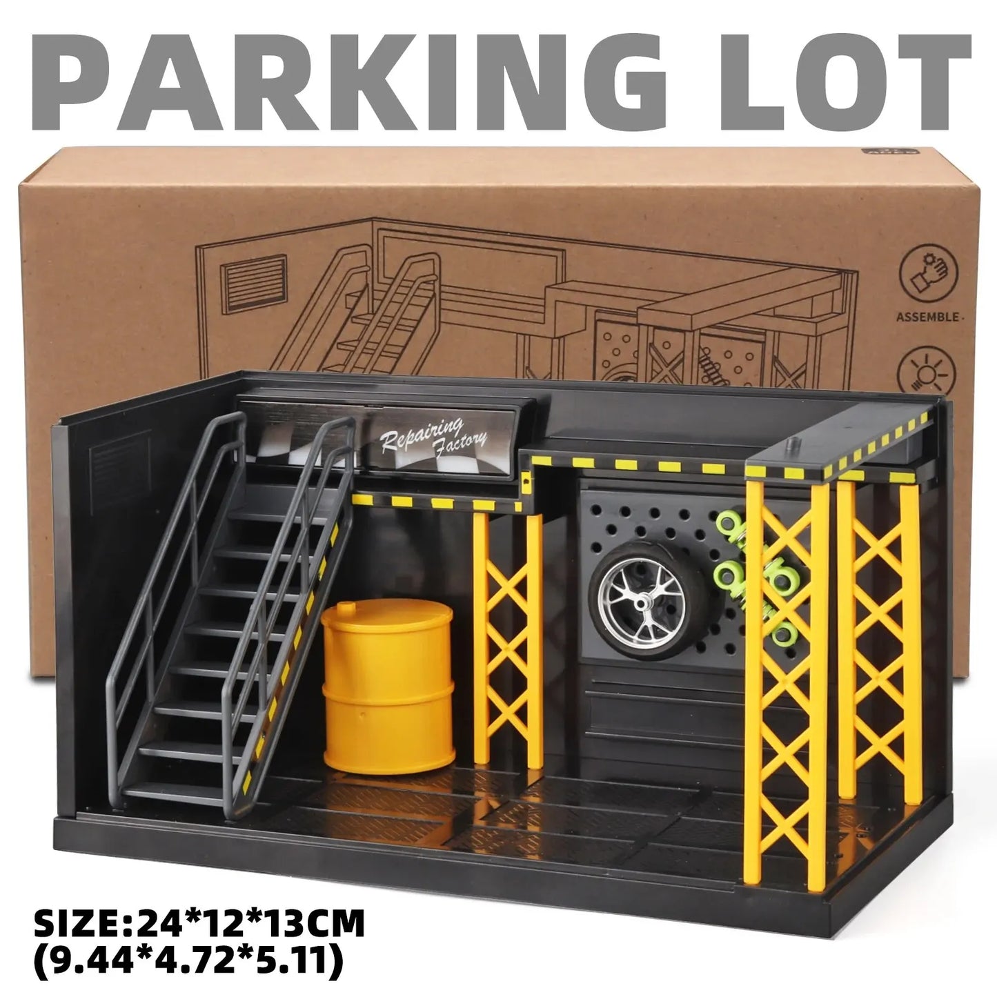 1:24 / 1:32 Scale Light-Up Parking Lot Toy – DIY Assembly Diecast Alloy Car Garage Scene for Display & Kids Gift