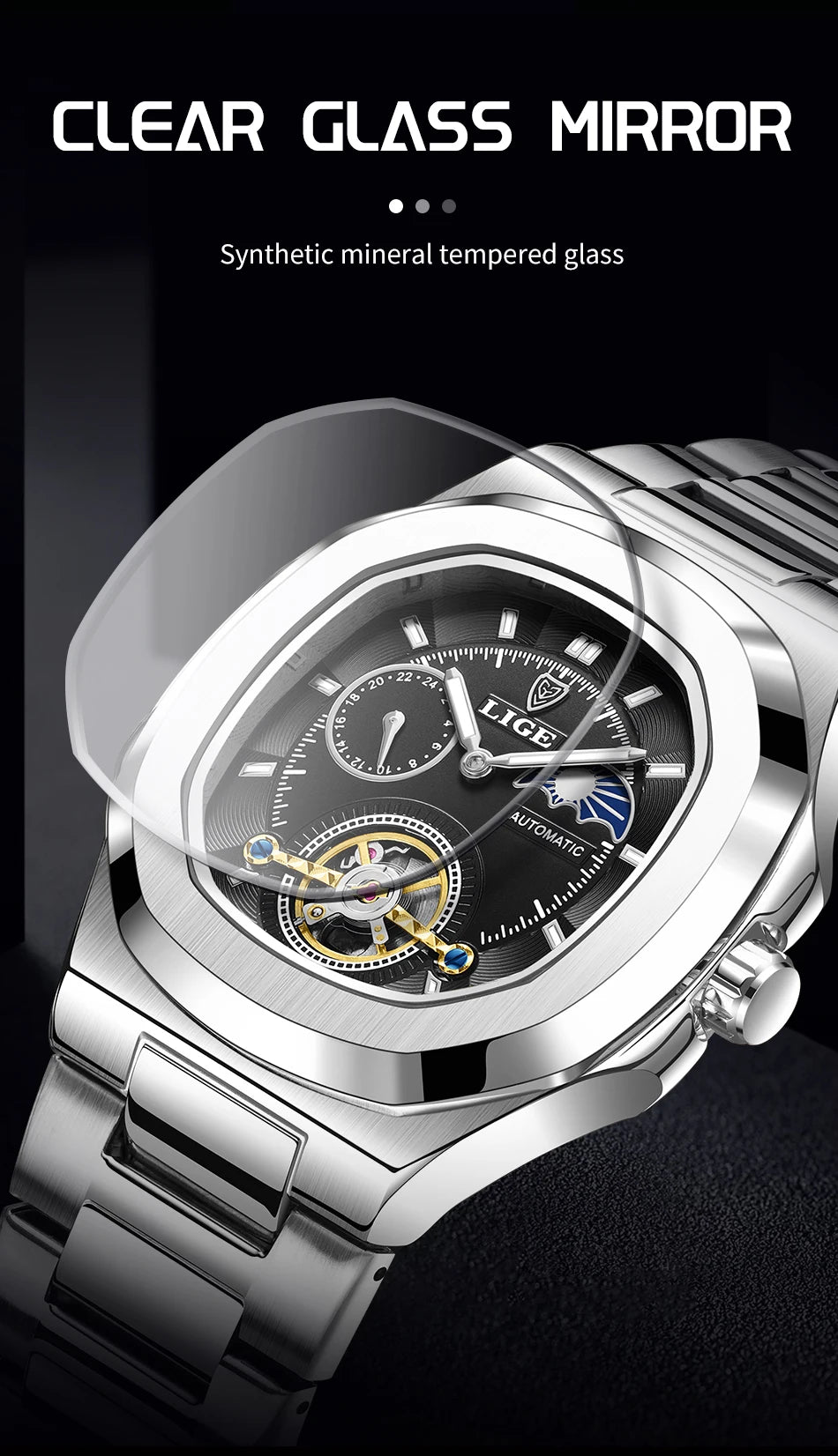 LIGE Dual Seconds Tourbillon Watch – Men's Stainless Steel Mechanical Timepiece, 24H, Night Glow, Waterproof