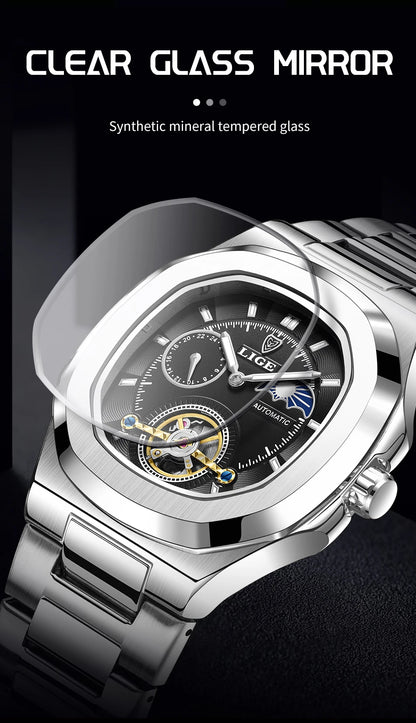 LIGE Dual Seconds Tourbillon Watch – Men's Stainless Steel Mechanical Timepiece, 24H, Night Glow, Waterproof