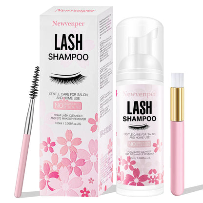 100ML Eyelash Lash Shampoo with Brush & Mascara Wand – Foaming Eyelid Cleanser for Extensions & Makeup Removal