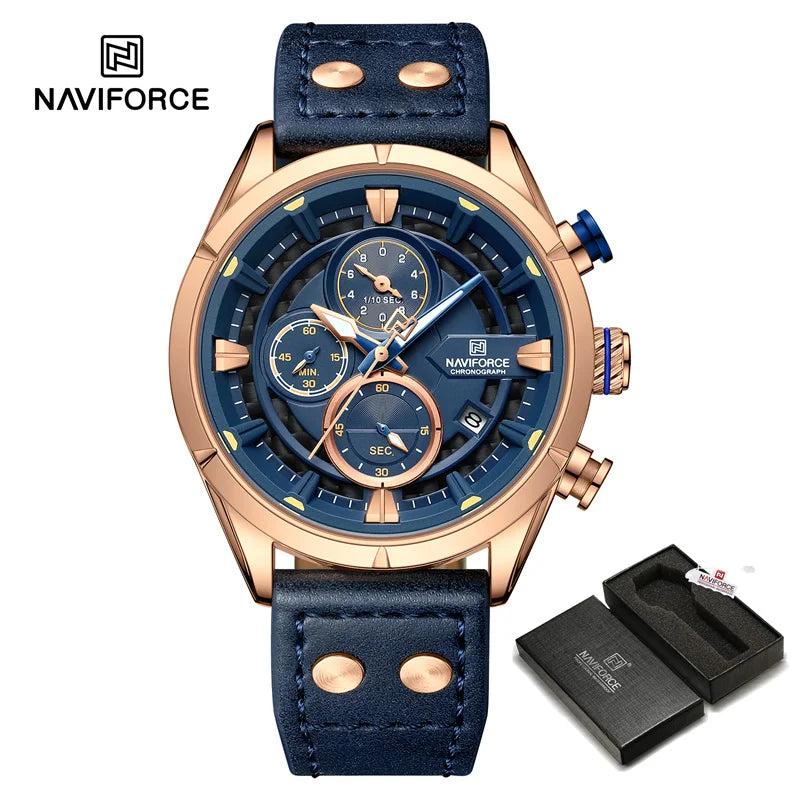 NAVIFORCE Men's Casual Watch – Luxury Waterproof Chronograph Quartz Wristwatch with Genuine Leather Strap