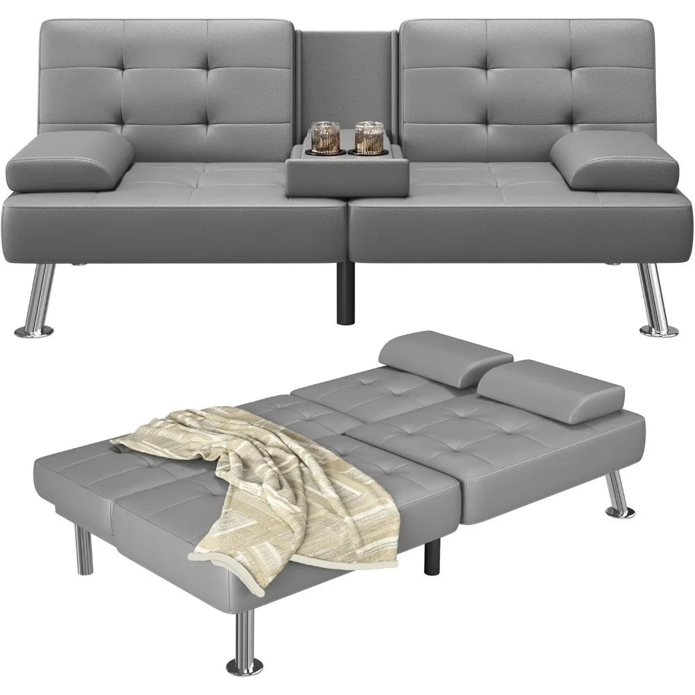 Adjustable PU Leather Futon Sofa Bed with Built-in Cup Holders – Modern Convertible Sleeper Couch