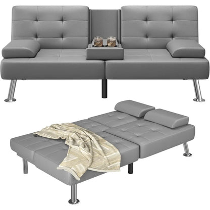 Adjustable PU Leather Futon Sofa Bed with Built-in Cup Holders – Modern Convertible Sleeper Couch