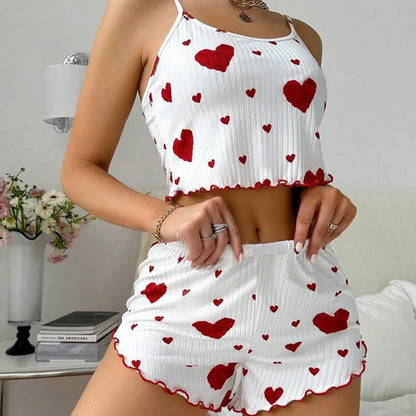 Women's 2PC Pajama Set – Soft Sleeveless Tank & Shorts | Casual Sleepwear with Love Print (S- L, White)