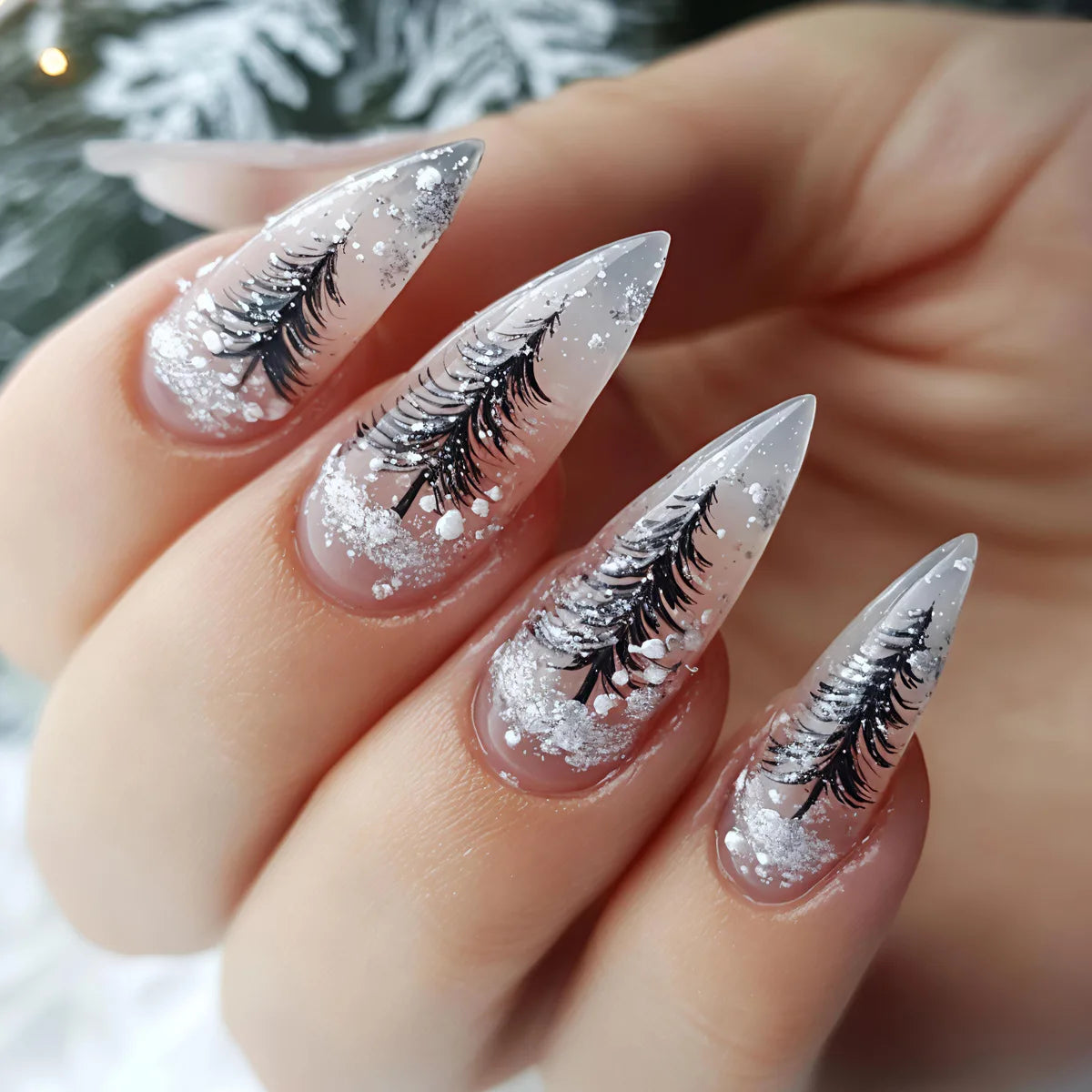 Medium Long Christmas Fake Nails – Square & Almond Tips with Tree, Snowflake & Snowman Designs
