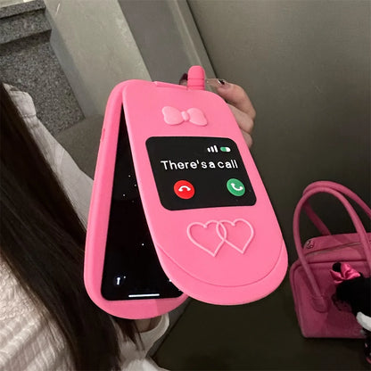 3D Hot Pink Bow Flip Mirror Silicone Case: Cute Cellphone Model Cover for iPhone 15 14 13 12 Pro Max 11 - Shockproof Soft Gift