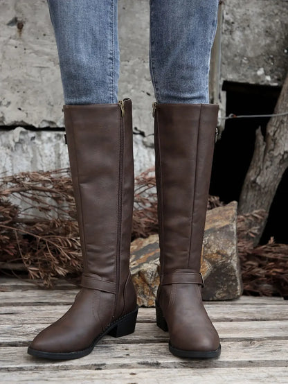 Women’s Winter High-Top Knight Boots – Side Zipper & Belt Buckle, Pointed Toe, PU Material with Cotton Lining