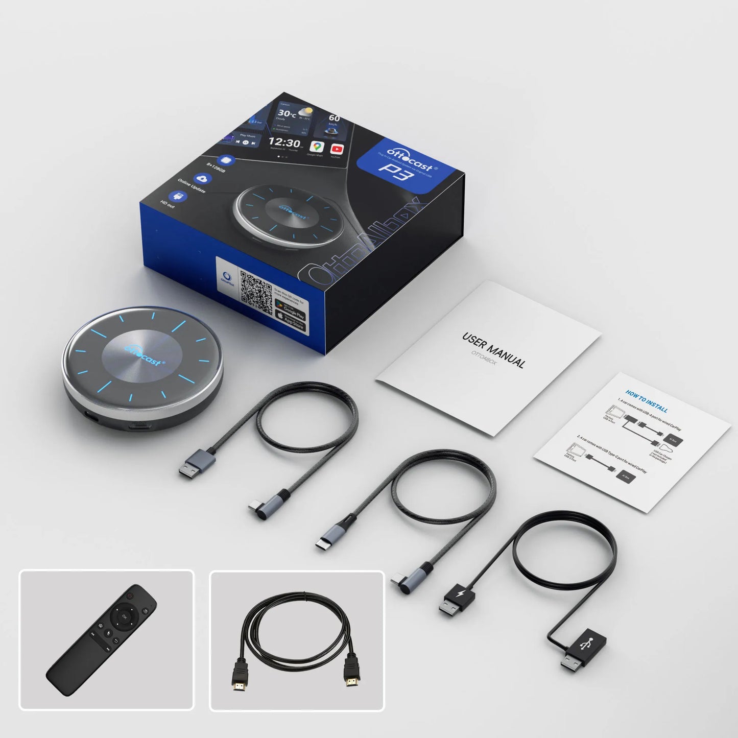 OTTOCAST P3 Android AI Box – Wireless CarPlay & Android Auto with HDMI Output, Built-in GPS, YouTube & Netflix for Car