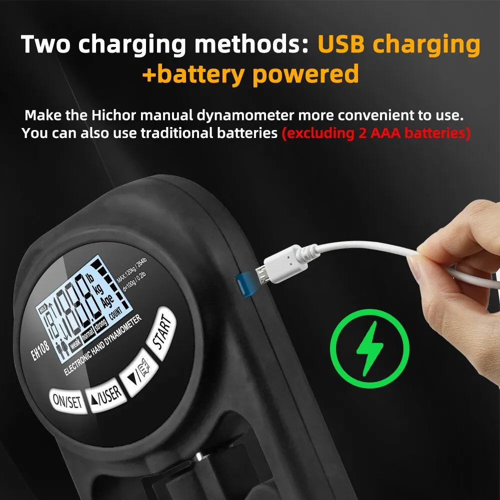 Digital Grip Strength Tester: 265lbs/120kg Hand Dynamometer with USB LCD Screen - Ideal for Power Training & Sports