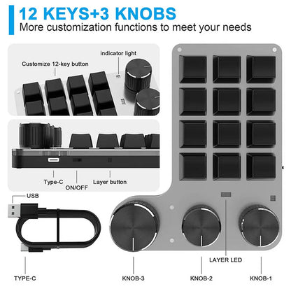 Bluetooth 12-Key RGB Macro Keyboard — 3 Knob Mechanical Hotswap Keypad for Photoshop & Gaming