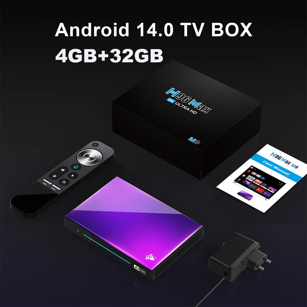H96 MAX M9 AI Android 14 TV Box, 8-Core Rockchip RK3576, 4GB/64GB to 8GB/128GB, Wifi6, 8K 120fps, BT5.4, 1000M LAN
