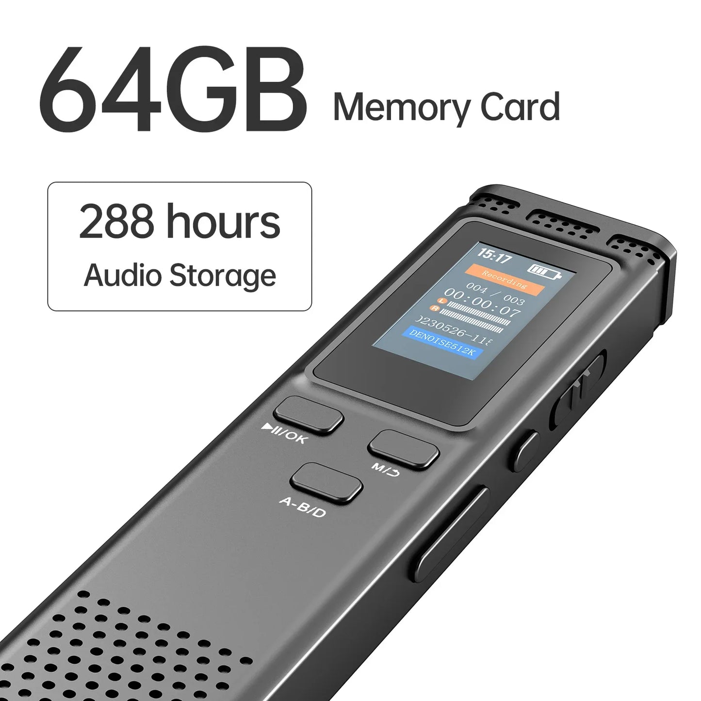 64GB/16GB/8GB Digital Voice Recorder – Voice Activated Audio Recording, Noise Reduction, MP3 Playback, 288hrs Storage